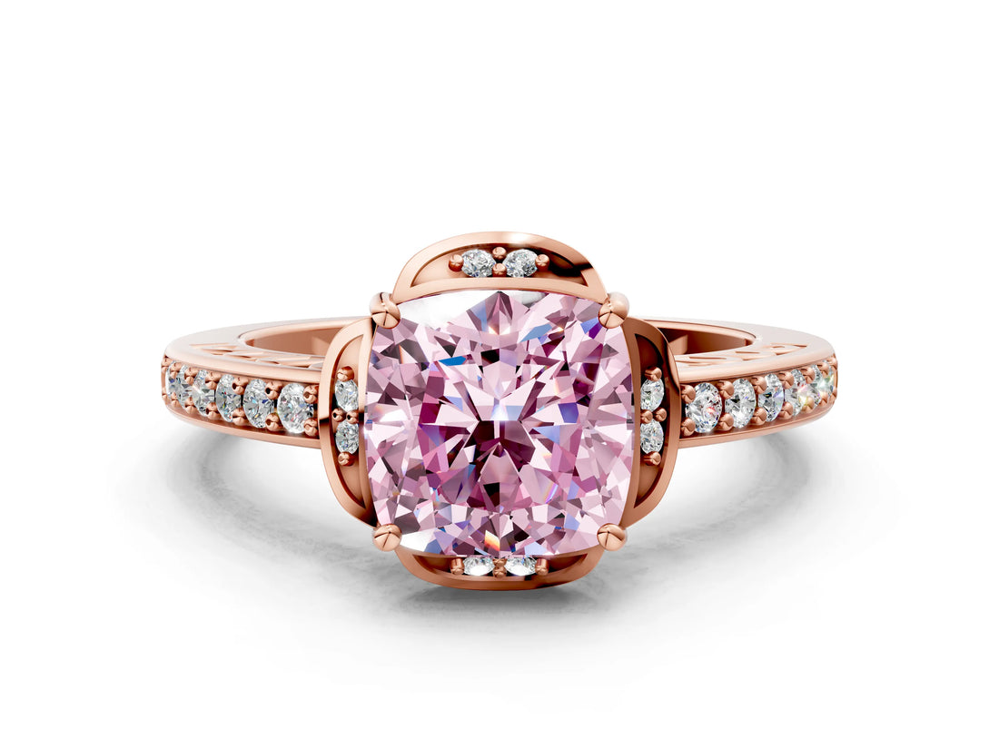 Rose gold Fancy Pink Cushion  Cut Halo Diamond Ring with Channel Set Band and Four-Prong Setting_32