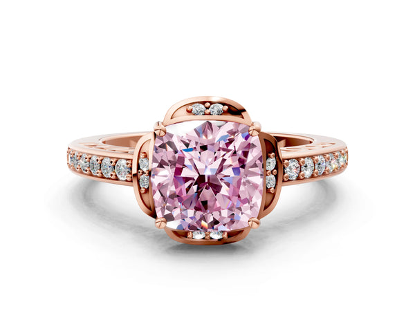 Rose gold Fancy Pink Cushion  Cut Halo Diamond Ring with Channel Set Band and Four-Prong Setting