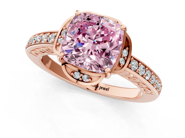 Rose gold Fancy Pink Cushion  Cut Halo Diamond Ring with Channel Set Band and Four-Prong Setting