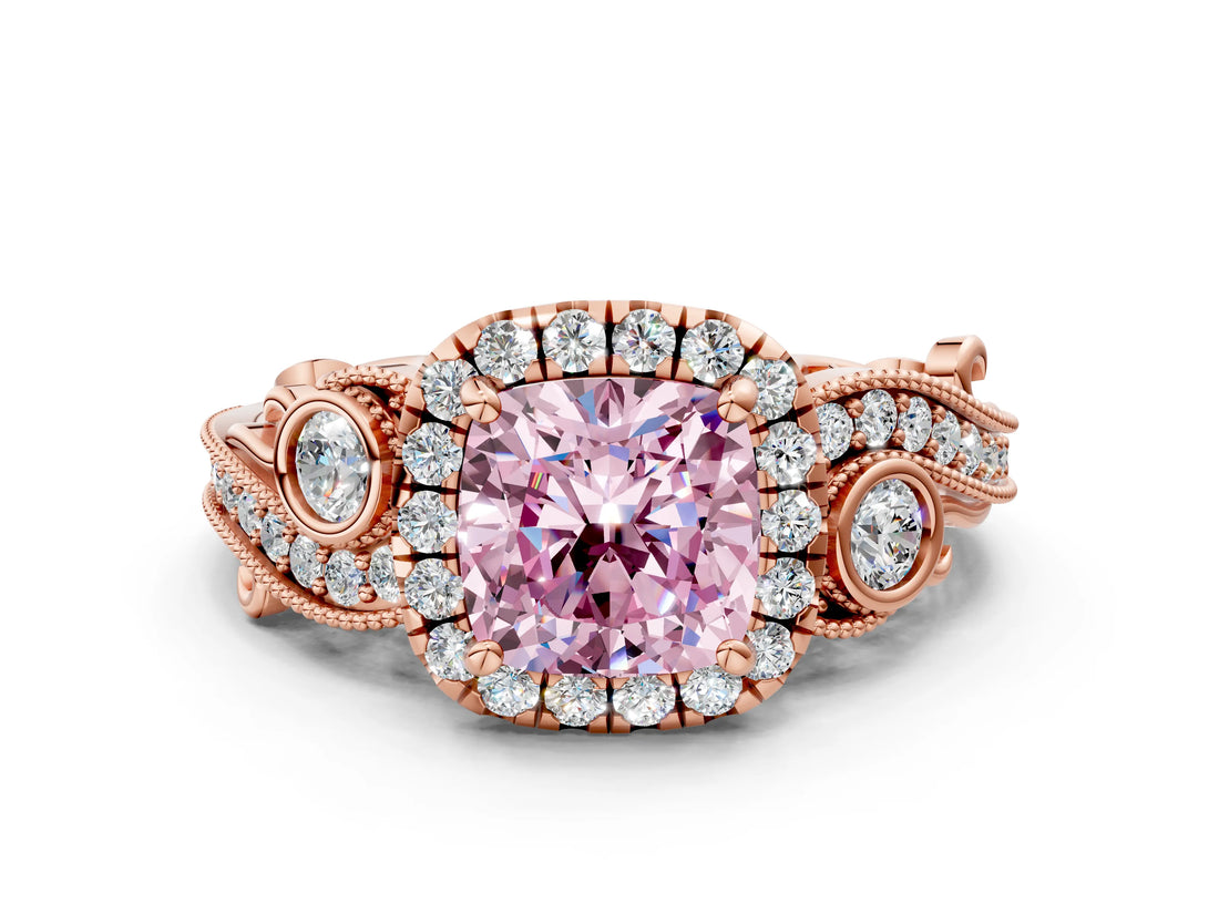 Rose gold Fancy Pink Cushion Cut Halo Diamond Ring with Milgrain and Bezel Accents on a Split Shank Band_13