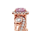Rose gold Fancy Pink Cushion Cut Halo Diamond Ring with Milgrain and Bezel Accents on a Split Shank Band_18