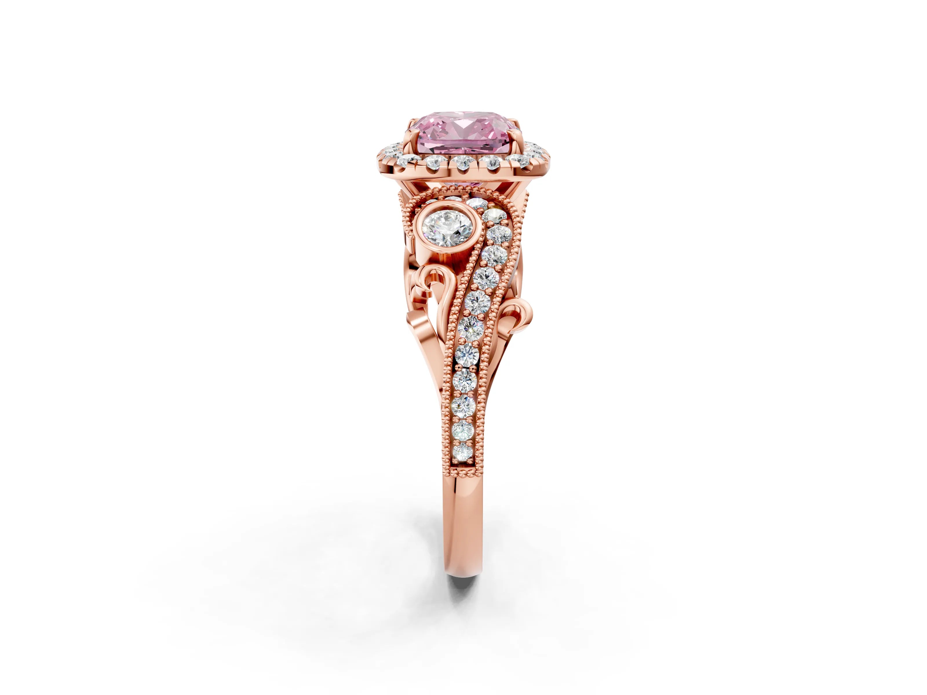 Rose gold Fancy Pink Cushion Cut Halo Diamond Ring with Milgrain and Bezel Accents on a Split Shank Band_2