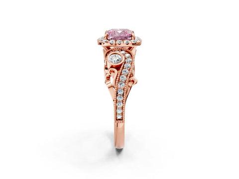 Rose gold Fancy Pink Cushion Cut Halo Diamond Ring with Milgrain and Bezel Accents on a Split Shank Band_2