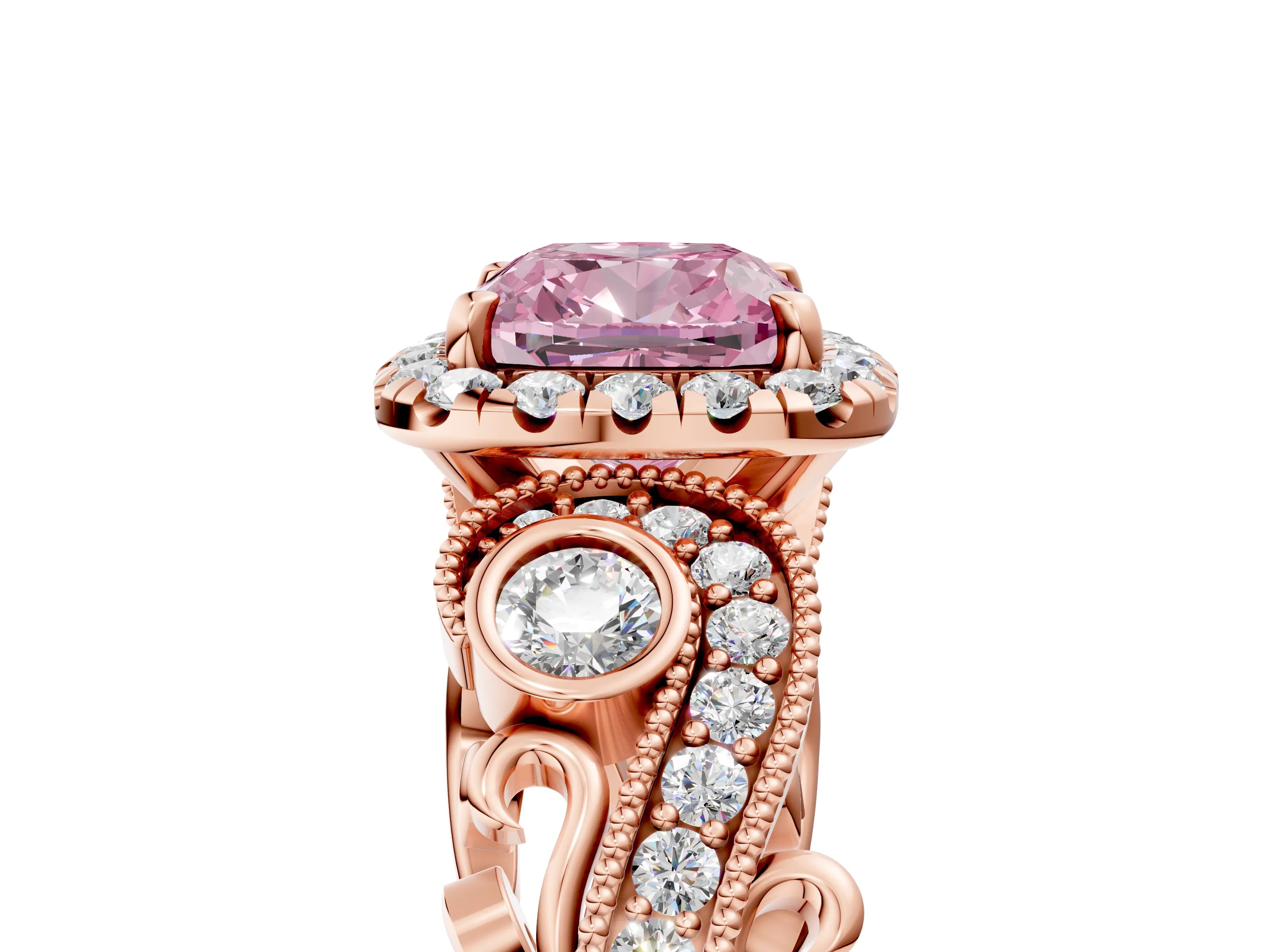 Rose gold Fancy Pink Cushion Cut Halo Diamond Ring with Milgrain and Bezel Accents on a Split Shank Band_5