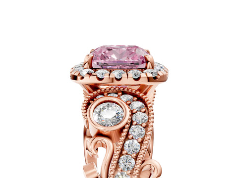 Rose gold Fancy Pink Cushion Cut Halo Diamond Ring with Milgrain and Bezel Accents on a Split Shank Band_5