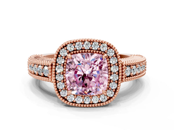 Rose gold Fancy Pink Cushion  Cut Halo Diamond Ring with Pavé Band and Four-Prong Setting