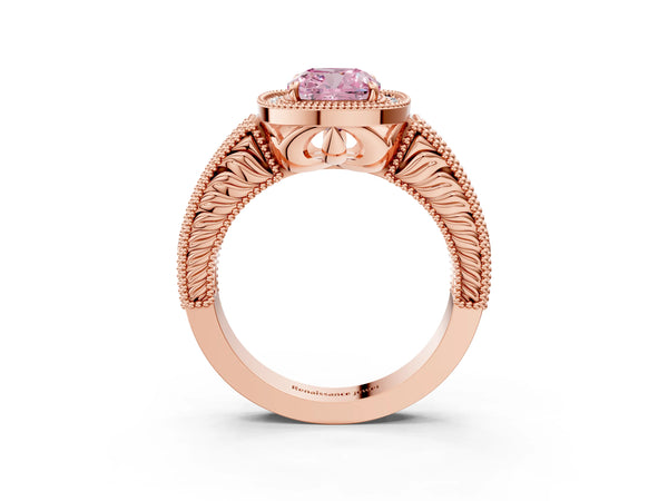 Rose gold Fancy Pink Cushion  Cut Halo Diamond Ring with Pavé Band and Four-Prong Setting