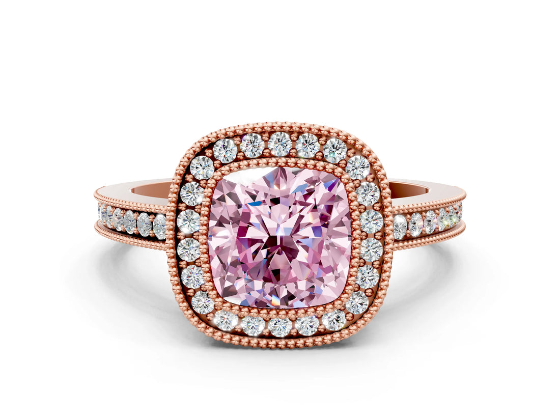 Rose gold Fancy Pink Cushion  Cut Halo Diamond Ring with Pavé Band and Milgrain Prong Setting_33