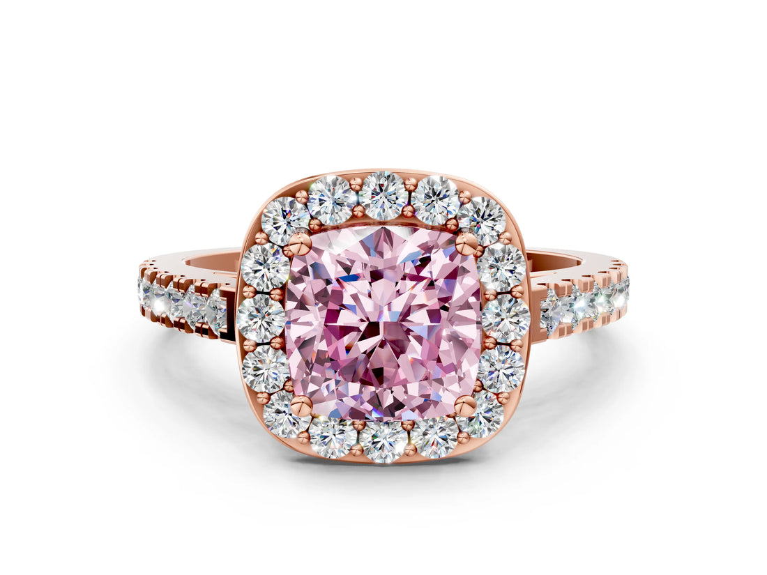 Rose gold Fancy Pink Cushion Cut Halo Diamond Ring with Pavé Band and Three-Prong Setting