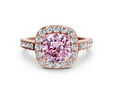 Rose gold Fancy Pink Cushion Cut Halo Diamond Ring with Pavé Band and Three-Prong Setting