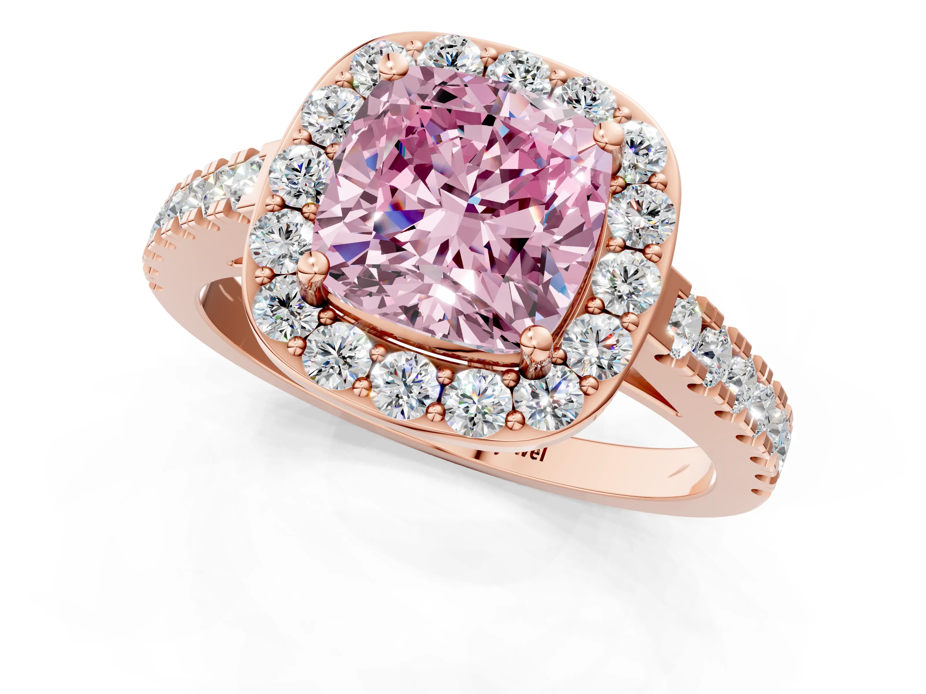 Rose gold Fancy Pink Cushion Cut Halo Diamond Ring with Pavé Band and Three-Prong Setting_1