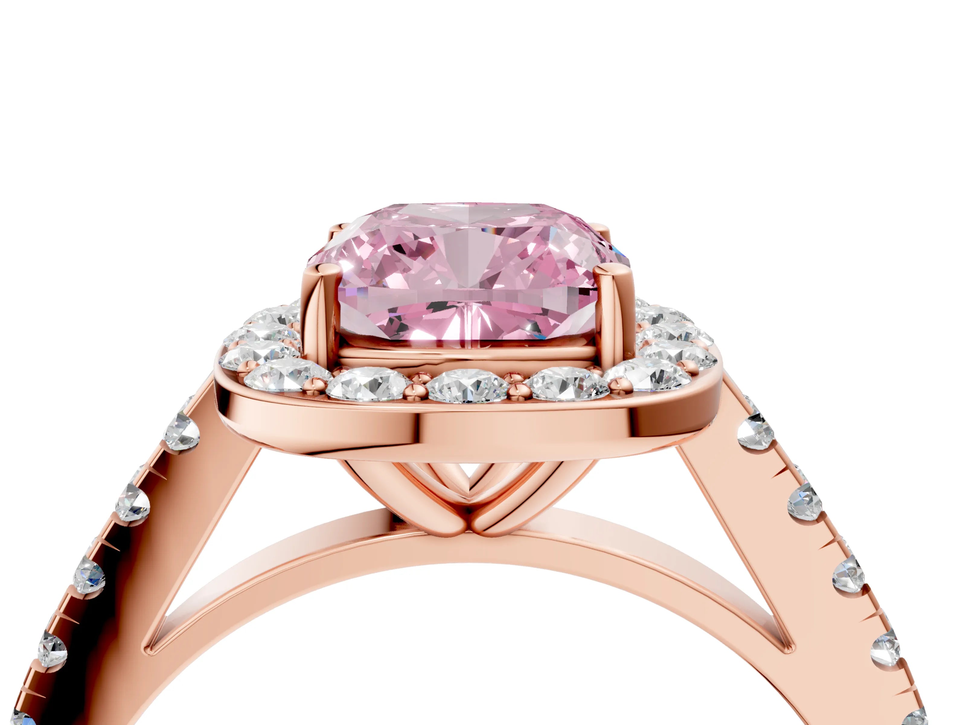 Rose gold Fancy Pink Cushion Cut Halo Diamond Ring with Pavé Band and Three-Prong Setting_4