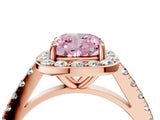 Rose gold Fancy Pink Cushion Cut Halo Diamond Ring with Pavé Band and Three-Prong Setting_4