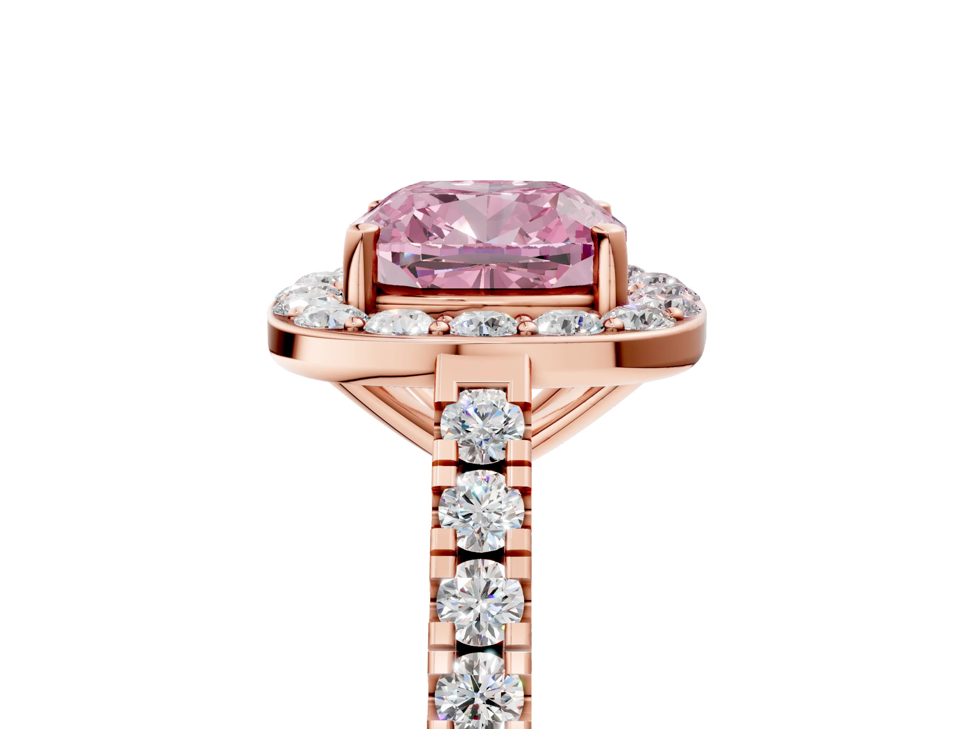 Rose gold Fancy Pink Cushion Cut Halo Diamond Ring with Pavé Band and Three-Prong Setting_5