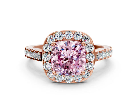 Rose gold Fancy Pink Cushion Cut Halo Diamond Ring with Pavé Band and Three-Prong Setting