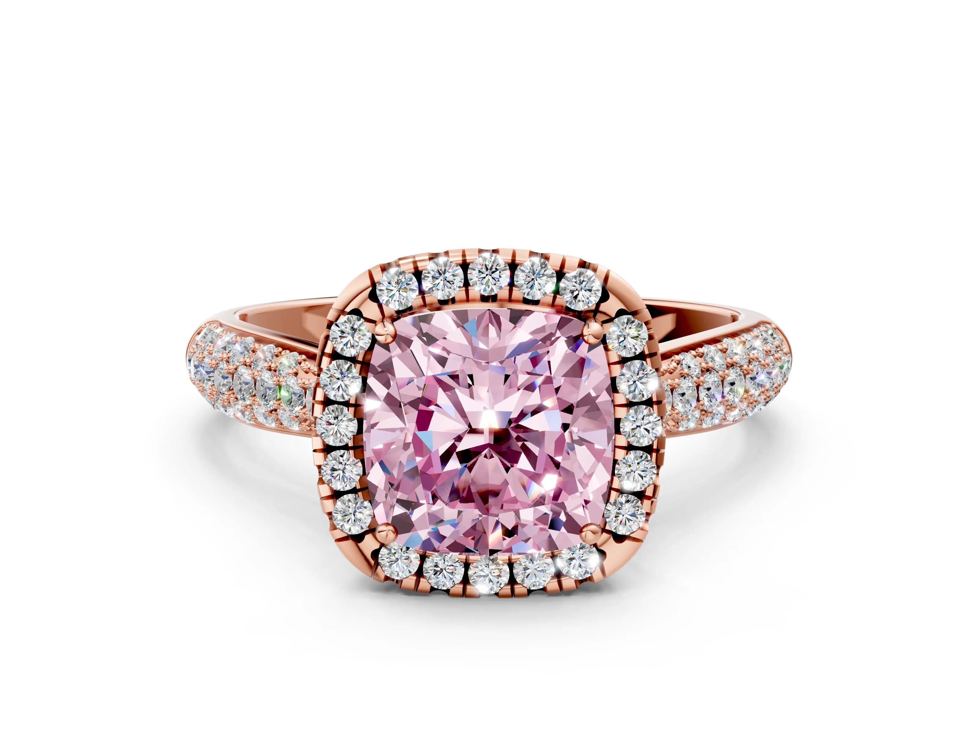 Rose gold Fancy Pink Cushion Cut Halo Diamond Ring with Pavé Band