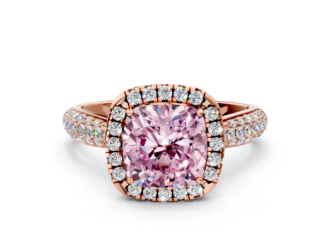 Rose gold Fancy Pink Cushion Cut Halo Diamond Ring with Pavé Band