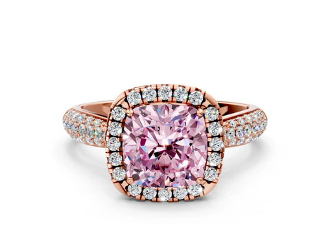 Rose gold Fancy Pink Cushion Cut Halo Diamond Ring with Pavé Band