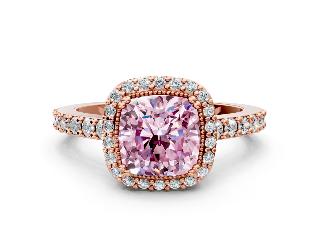 Rose gold Fancy Pink Cushion  Cut Halo Diamond Ring with Pave Band and Four-Prong Setting_25