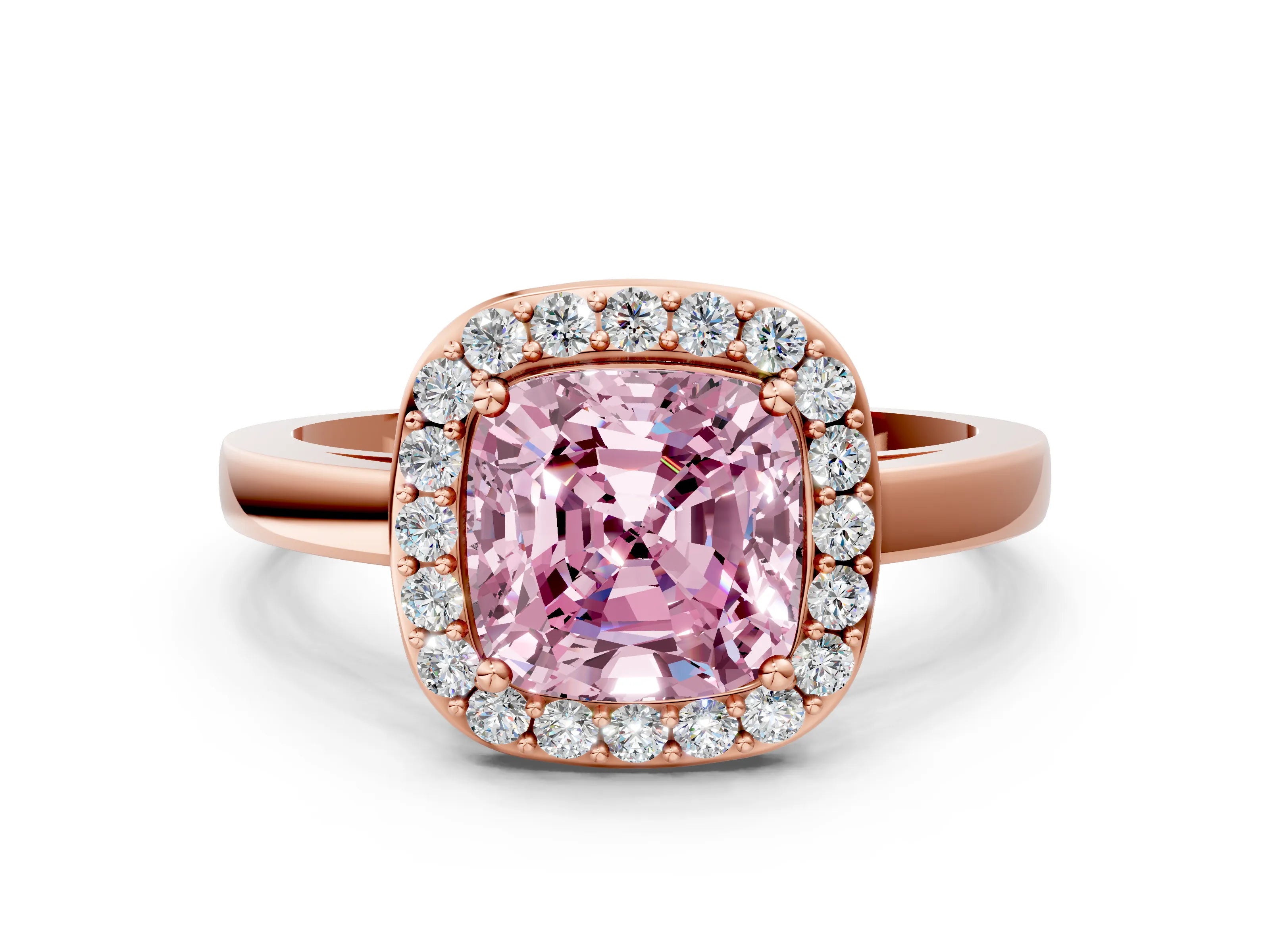 Rose gold Fancy Pink Cushion Cut Halo Diamond Ring with Solitaire Band and Prong Setting