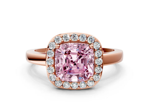 Rose gold Fancy Pink Cushion Cut Halo Diamond Ring with Solitaire Band and Prong Setting