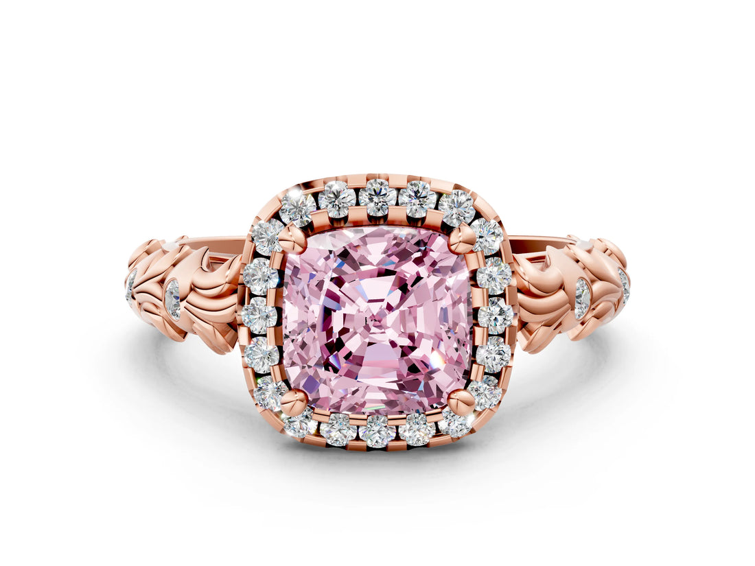 Rose gold Fancy Pink Cushion Cut Halo Diamond Solitaire with Filigree Band and Four-Prong Setting