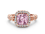 Rose gold Fancy Pink Cushion Cut Halo Diamond Solitaire with Filigree Band and Four-Prong Setting