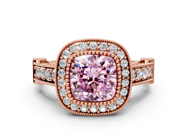 Rose Gold Cushion Cut Vintage Bezel Halo Engagement Ring Setting for Fancy Pink Center