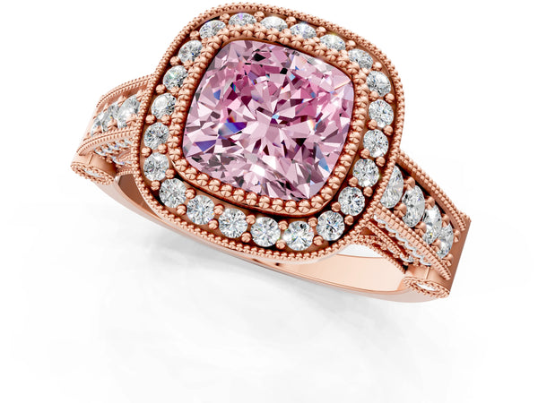 Rose Gold Cushion Cut Vintage Bezel Halo Engagement Ring Setting for Fancy Pink Center