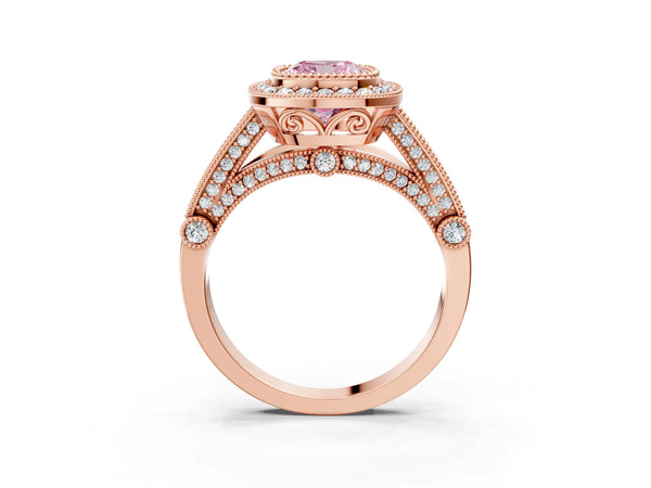Rose Gold Cushion Cut Vintage Bezel Halo Engagement Ring Setting for Fancy Pink Center