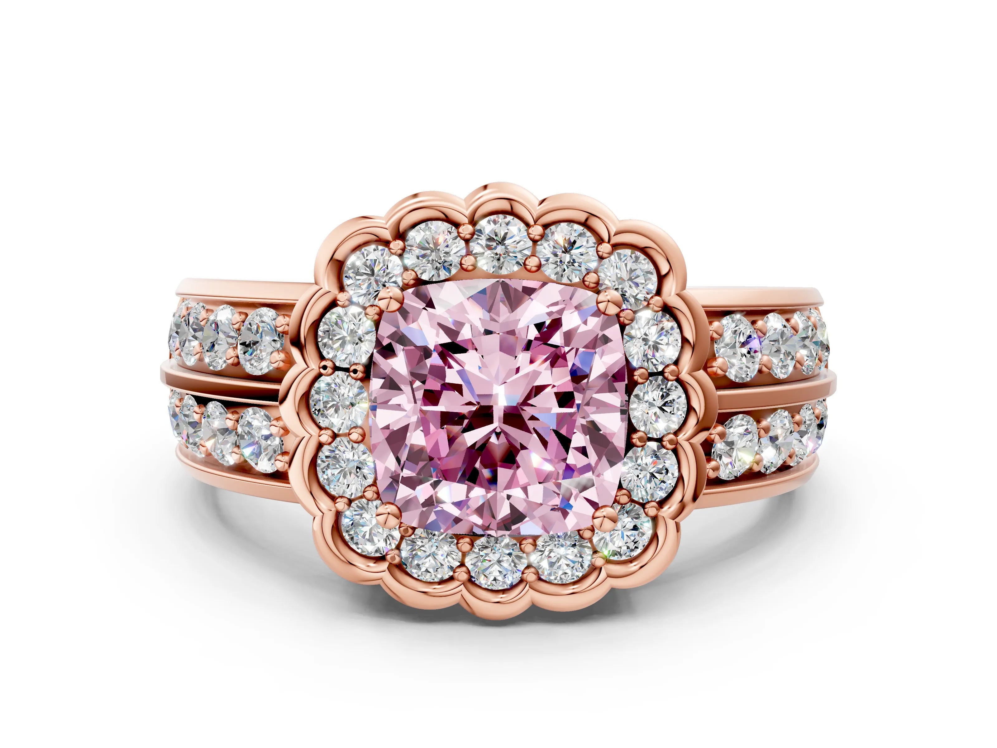 Rose gold Fancy Pink Cushion Cut Halo Diamond Split Shank Ring with Scalloped Prong Setting