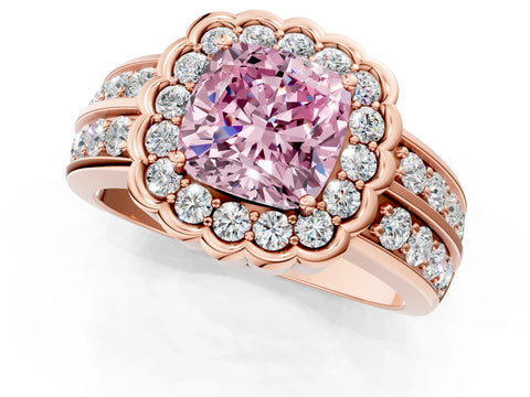 Rose gold Fancy Pink Cushion Cut Halo Diamond Split Shank Ring with Scalloped Prong Setting_1