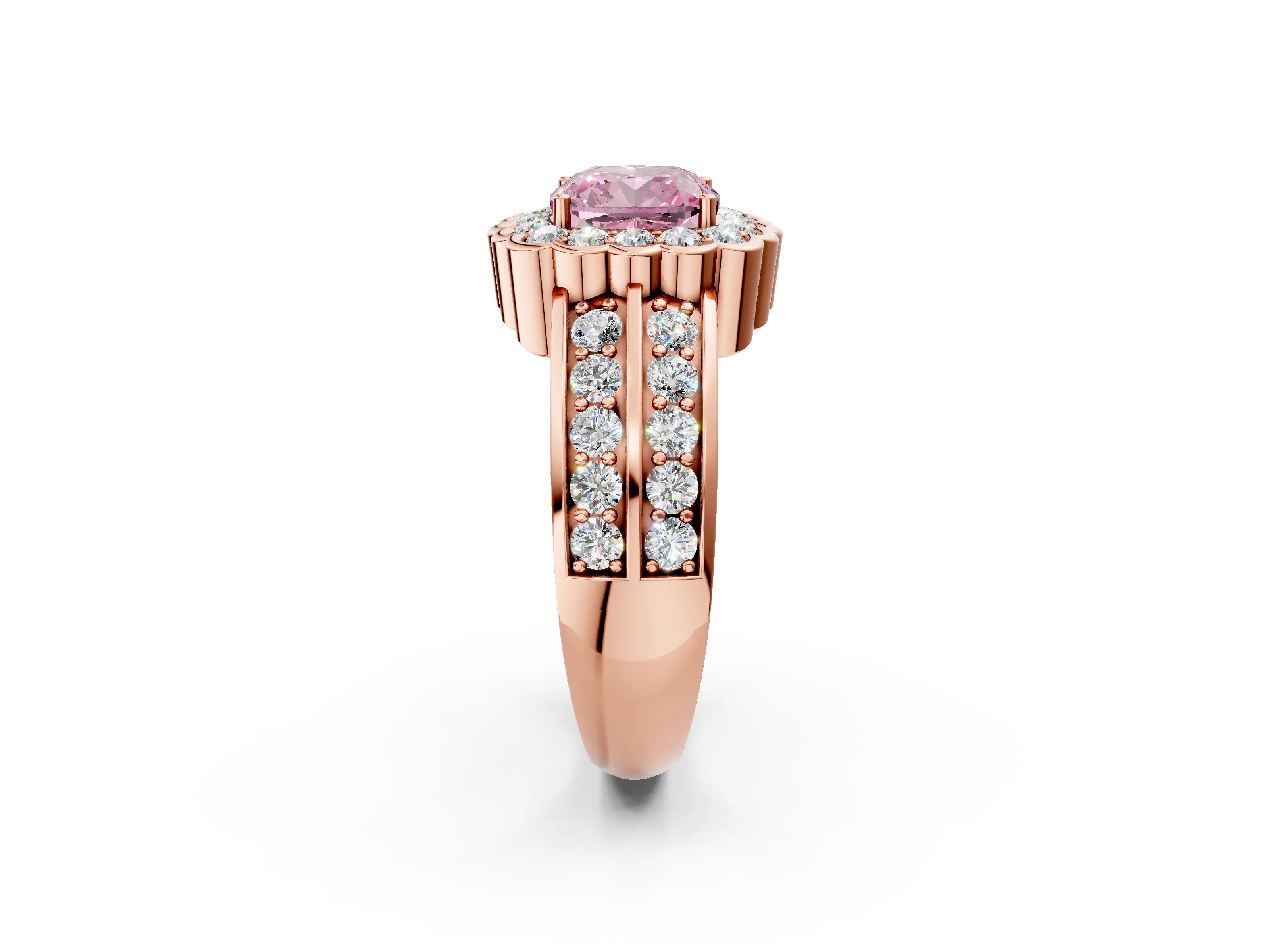 Rose gold Fancy Pink Cushion Cut Halo Diamond Split Shank Ring with Scalloped Prong Setting_2