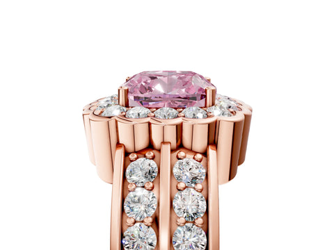 Rose gold Fancy Pink Cushion Cut Halo Diamond Split Shank Ring with Scalloped Prong Setting_5