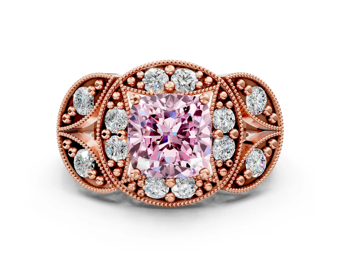 Rose gold Fancy Pink Cushion Cut Halo Milgrain Diamond Engagement Ring with Leaf Band and Four-Prong Setting