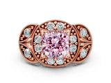 Rose gold Fancy Pink Cushion Cut Halo Milgrain Diamond Engagement Ring with Leaf Band and Four-Prong Setting
