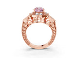 Rose gold Fancy Pink Cushion Cut Halo Milgrain Diamond Engagement Ring with Leaf Band and Four-Prong Setting_3