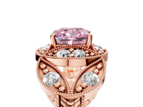 Rose gold Fancy Pink Cushion Cut Halo Milgrain Diamond Engagement Ring with Leaf Band and Four-Prong Setting_5