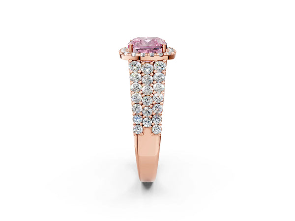 Rose gold Fancy Pink Cushion Cut Halo Pavé Diamond Engagement Ring with Split Shank and Four-Prong Setting