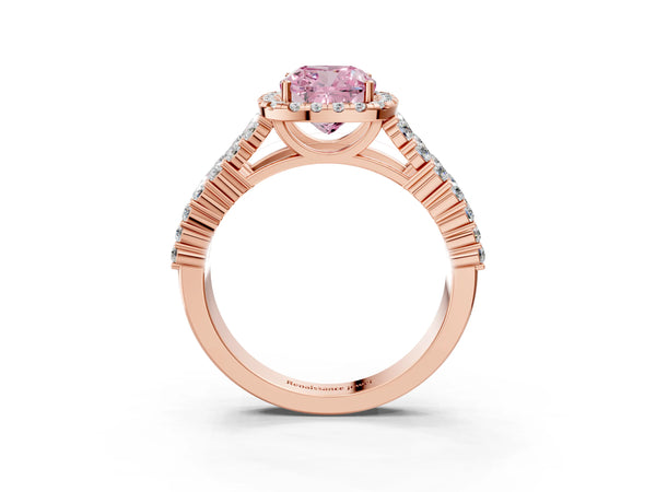 Rose gold Fancy Pink Cushion Cut Halo Pavé Diamond Engagement Ring with Split Shank and Four-Prong Setting