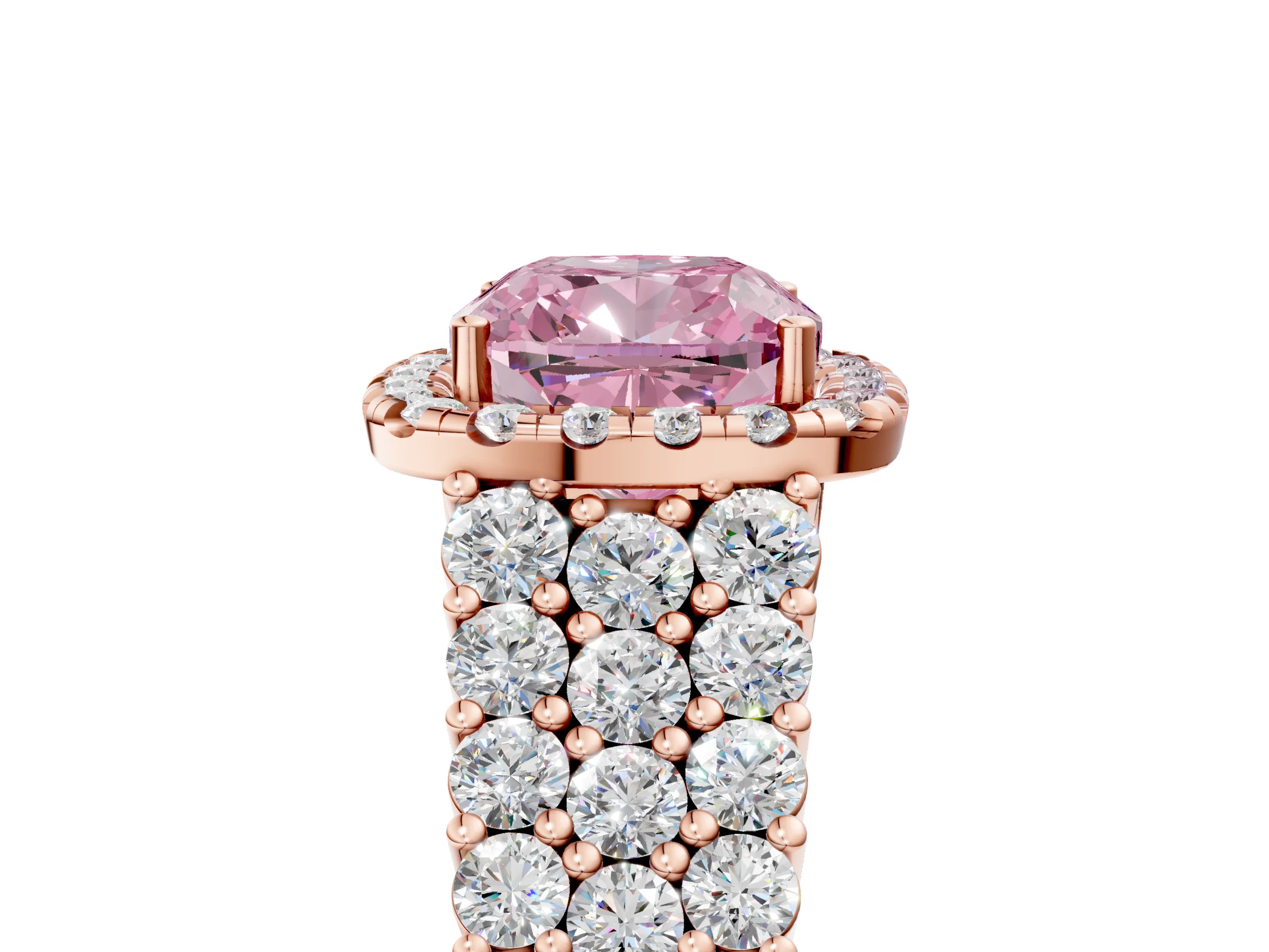Rose gold Fancy Pink Cushion Cut Halo Pavé Diamond Engagement Ring with Split Shank and Four-Prong Setting_8