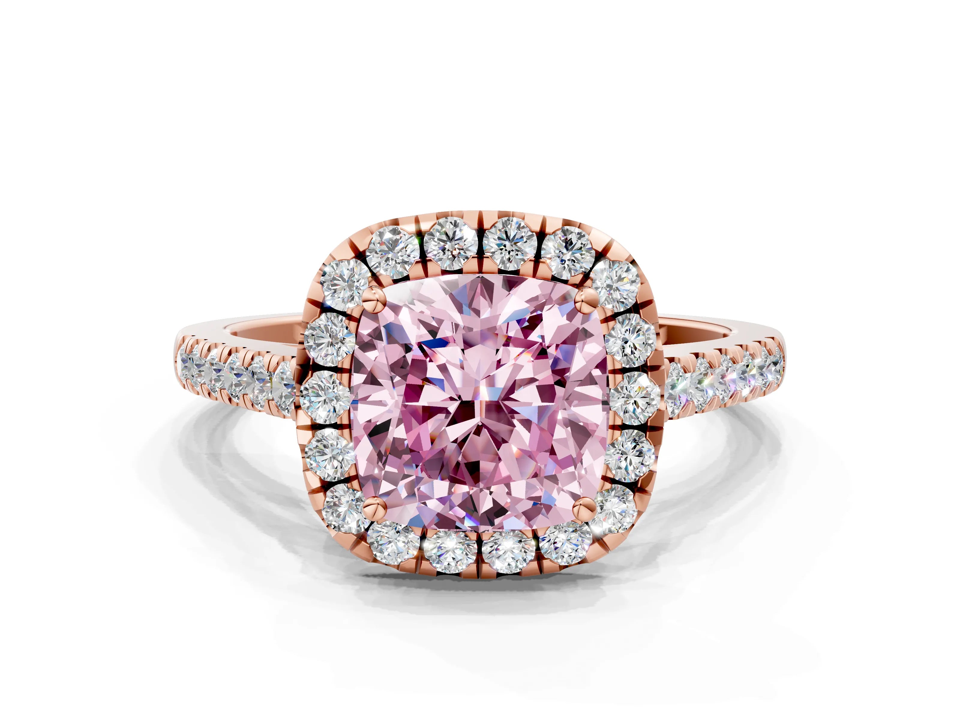 Rose gold Fancy Pink Cushion Cut Halo Pave Diamond Engagement Ring with Four-Prong Setting