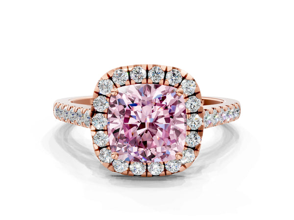 Rose gold Fancy Pink Cushion Cut Halo Pave Diamond Engagement Ring with Four-Prong Setting