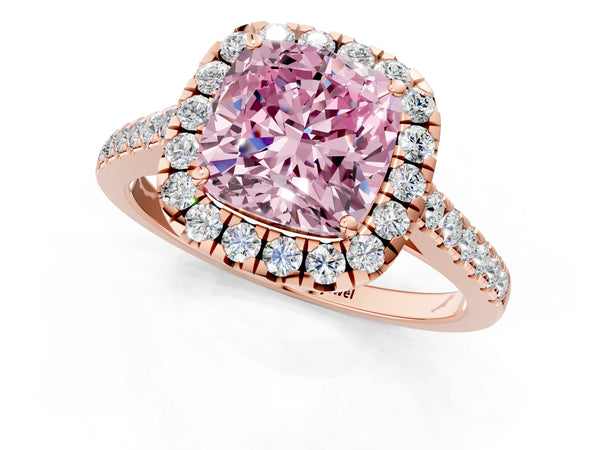 Rose gold Fancy Pink Cushion Cut Halo Pave Diamond Engagement Ring with Four-Prong Setting