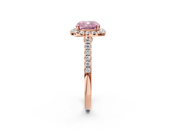 Rose gold Fancy Pink Cushion Cut Halo Pave Diamond Engagement Ring with Four-Prong Setting