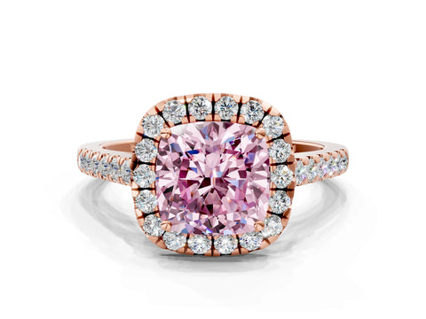 Rose gold Fancy Pink Cushion Cut Halo Pave Diamond Engagement Ring with Four-Prong Setting