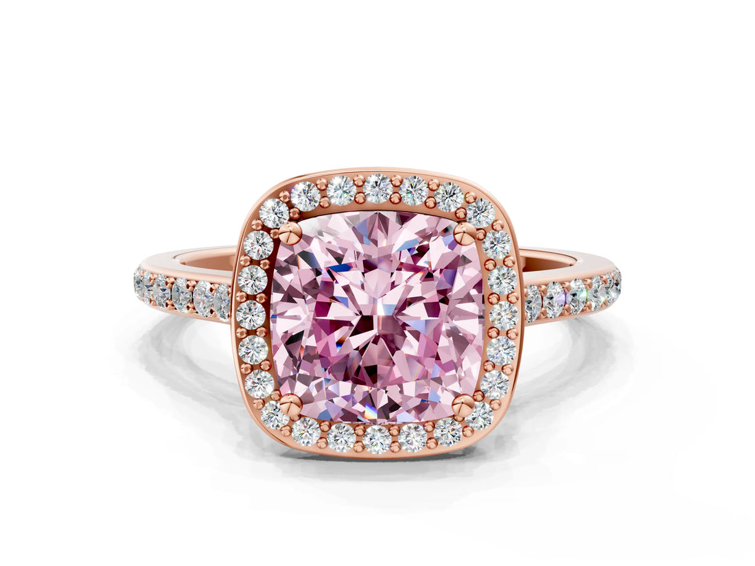 Rose gold Fancy Pink Cushion Cut Halo Round Diamond Pavé Band with Four-Prong Setting_3