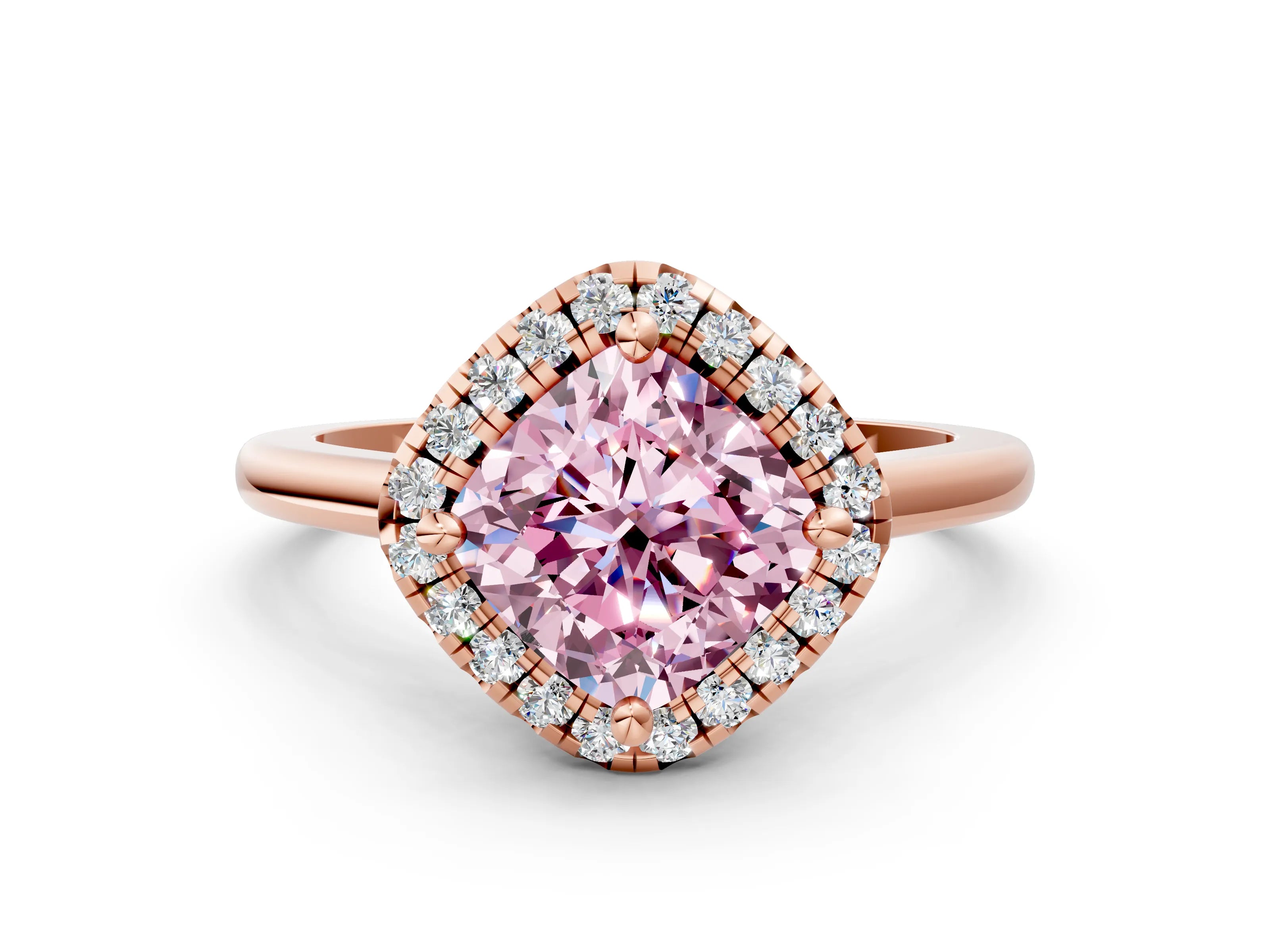 Rose gold Fancy Pink Cushion Cut Halo Round Diamond Solitaire Engagement Ring with Pave Band and Four-Prong Setting_12