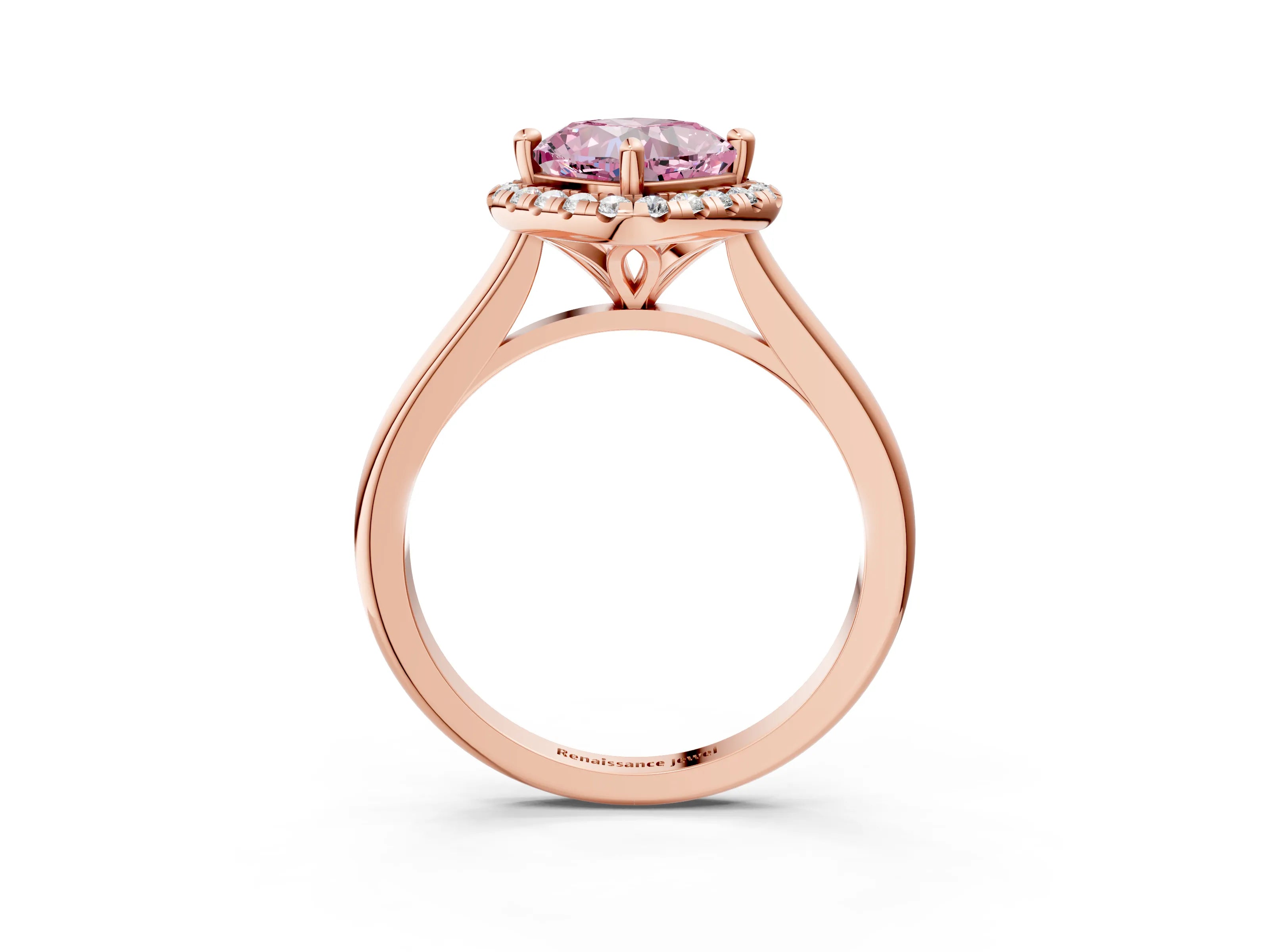 Rose gold Fancy Pink Cushion Cut Halo Round Diamond Solitaire Engagement Ring with Pave Band and Four-Prong Setting_15