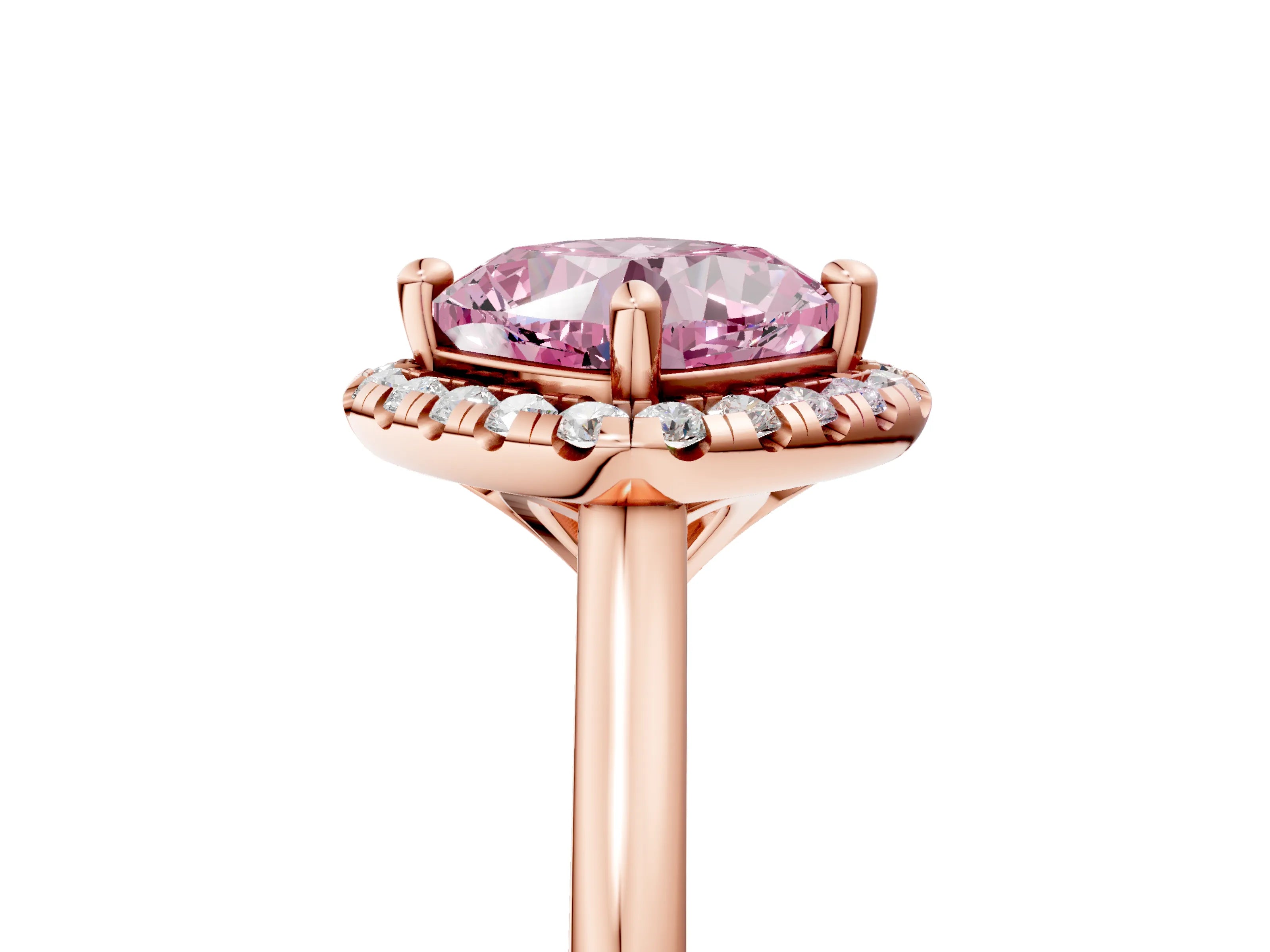 Rose gold Fancy Pink Cushion Cut Halo Round Diamond Solitaire Engagement Ring with Pave Band and Four-Prong Setting_17